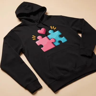 3D cartoon graphic of pink and blue puzzle pieces with the text Puzzle Pieces United With Love — printed on a unisex hoodie