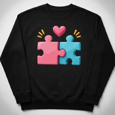 3D cartoon graphic of pink and blue puzzle pieces with the text Puzzle Pieces United With Love — printed on a unisex sweatshirt