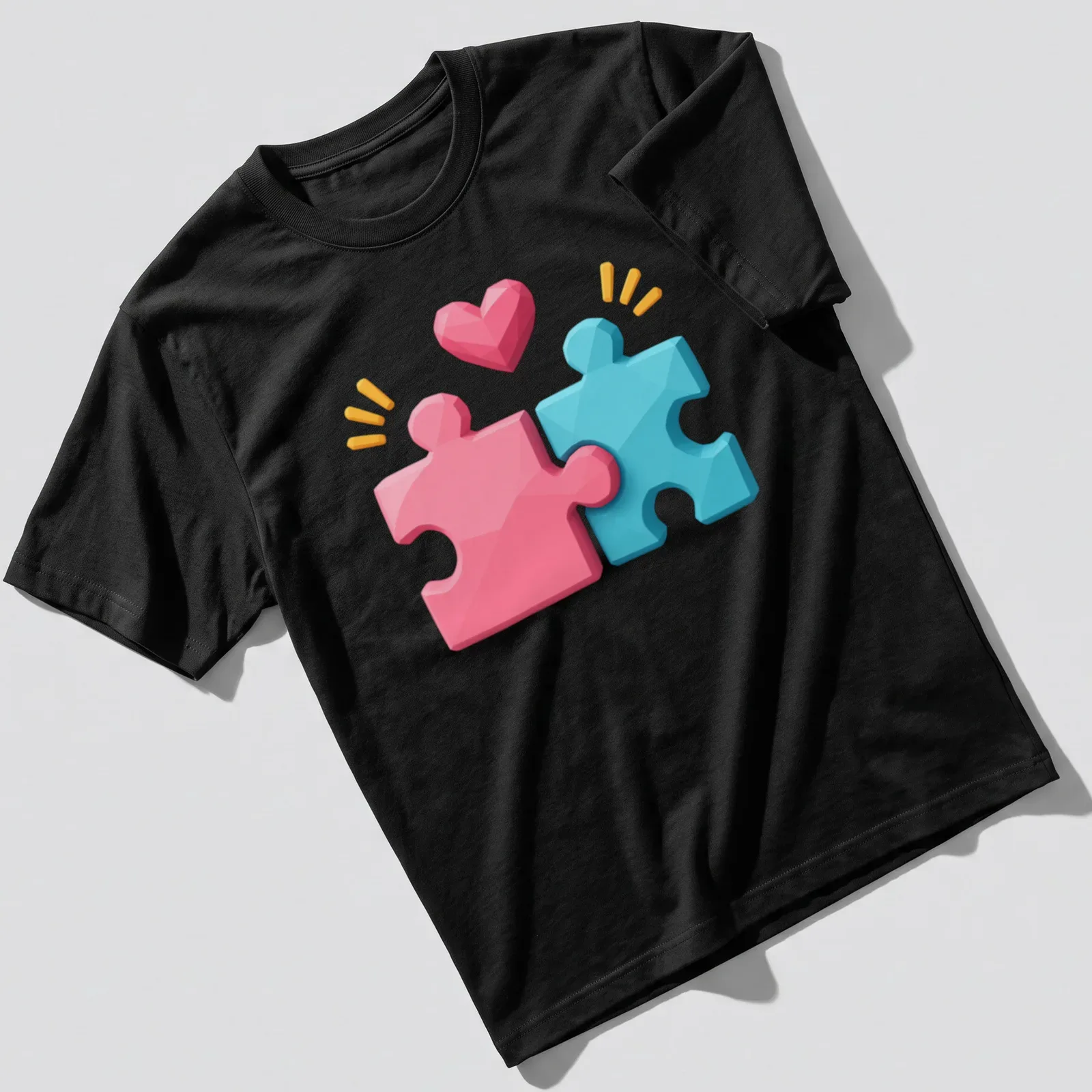 3D cartoon graphic of pink and blue puzzle pieces with the text Puzzle Pieces United With Love — printed on a unisex t-shirt