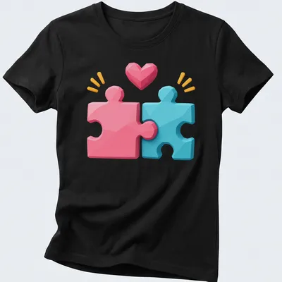 3D cartoon graphic of pink and blue puzzle pieces with the text Puzzle Pieces United With Love — printed on a women's shirt