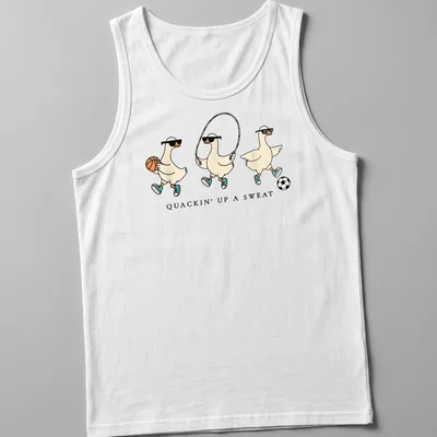 Cartoon goose with humorous text, Quackin' Up A Sweat, in vibrant colors — printed on a tank top