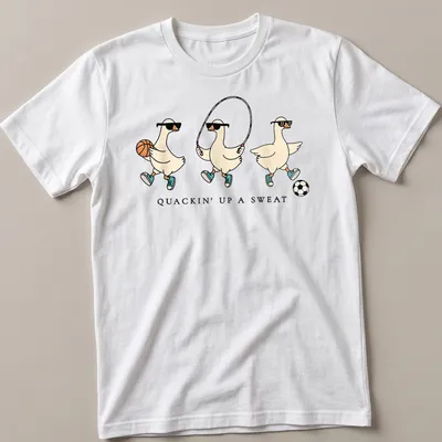 Cartoon goose with humorous text, Quackin' Up A Sweat, in vibrant colors