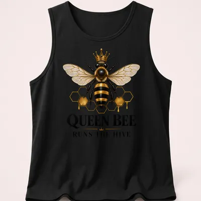 Realistic illustration of a honey bee with the text 'QUEEN BEE RUNS THE HIVE' — printed on a tank top