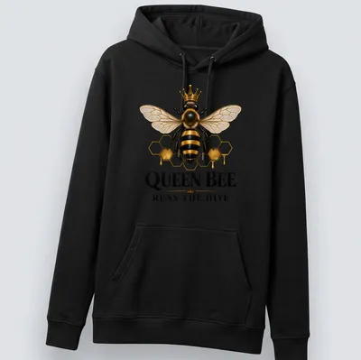 Realistic illustration of a honey bee with the text 'QUEEN BEE RUNS THE HIVE' — printed on a unisex hoodie