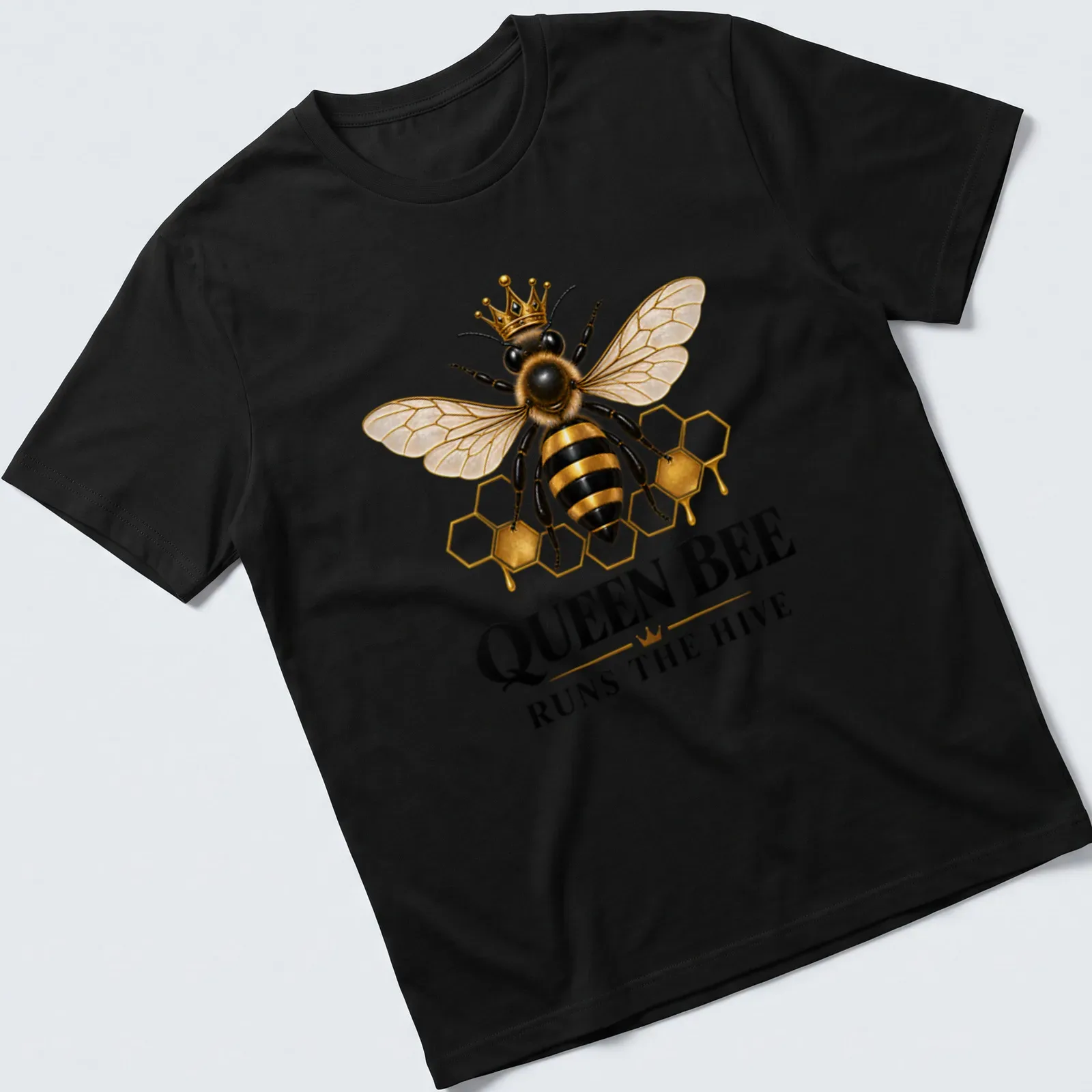 Realistic illustration of a honey bee with the text 'QUEEN BEE RUNS THE HIVE' — printed on a unisex t-shirt