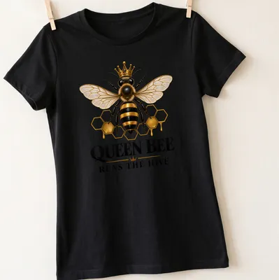Realistic illustration of a honey bee with the text 'QUEEN BEE RUNS THE HIVE' — printed on a women's shirt