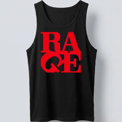 Bold graphic print of the word 'RAGE' in red and blue on a — printed on a tank top
