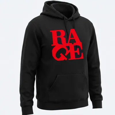 Bold graphic print of the word 'RAGE' in red and blue on a — printed on a unisex hoodie