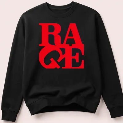 Bold graphic print of the word 'RAGE' in red and blue on a — printed on a unisex sweatshirt