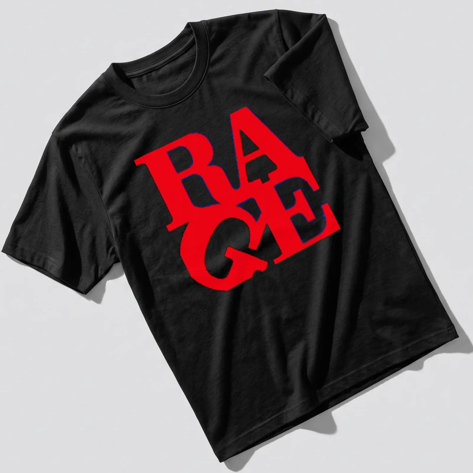 Bold graphic print of the word 'RAGE' in red and blue on a — printed on a unisex t-shirt