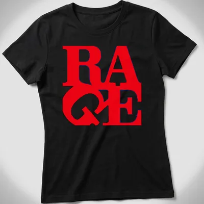 Bold graphic print of the word 'RAGE' in red and blue on a — printed on a women's shirt