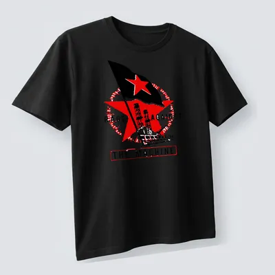 Vintage protest t-shirt with 'RAGE AGAINST THE MACHINE', red star, and industrial towers — printed on a unisex t-shirt (angled view)