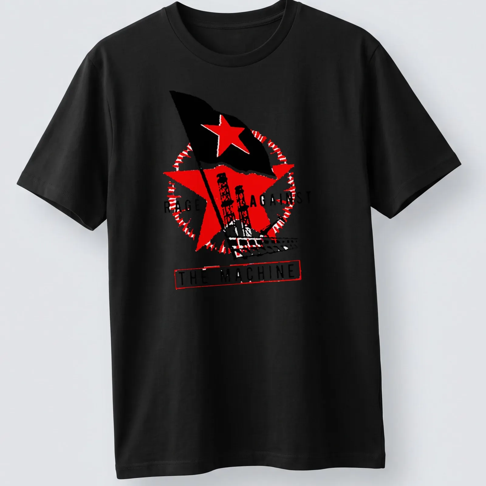 Vintage protest t-shirt with 'RAGE AGAINST THE MACHINE', red star, and industrial towers — printed on a unisex t-shirt
