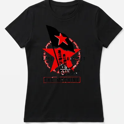 Vintage protest t-shirt with 'RAGE AGAINST THE MACHINE', red star, and industrial towers — printed on a women's shirt