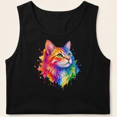 Watercolor splash design of a colorful cat in rainbow shades — printed on a tank top