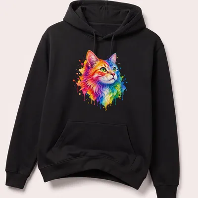 Watercolor splash design of a colorful cat in rainbow shades — printed on a unisex hoodie