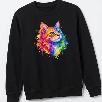 Watercolor splash design of a colorful cat in rainbow shades — printed on a unisex sweatshirt