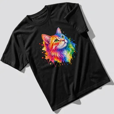 Watercolor splash design of a colorful cat in rainbow shades — printed on a unisex t-shirt