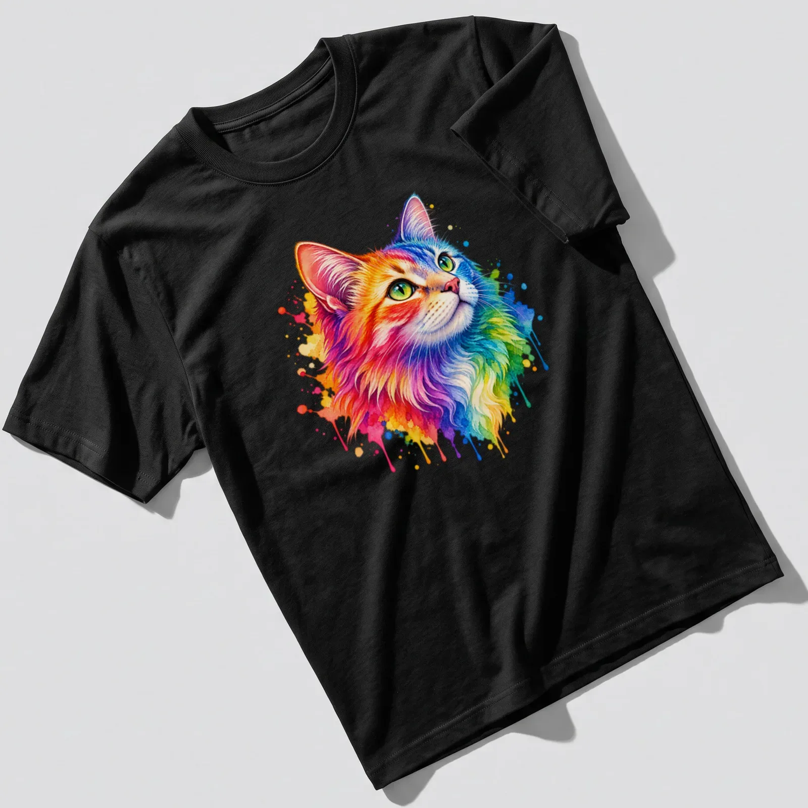 Watercolor splash design of a colorful cat in rainbow shades — printed on a unisex t-shirt