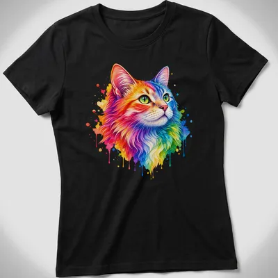 Watercolor splash design of a colorful cat in rainbow shades — printed on a women's shirt