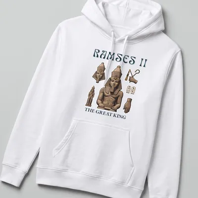 Illustrative Ramses II T-shirt with detailed colors and regal design — printed on a unisex hoodie