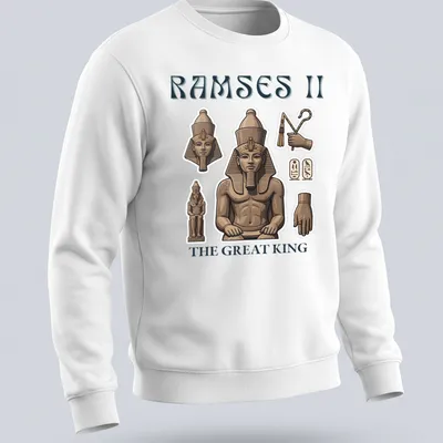 Illustrative Ramses II T-shirt with detailed colors and regal design — printed on a unisex sweatshirt