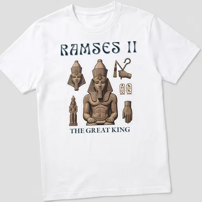Illustrative Ramses II T-shirt with detailed colors and regal design — printed on a unisex t-shirt