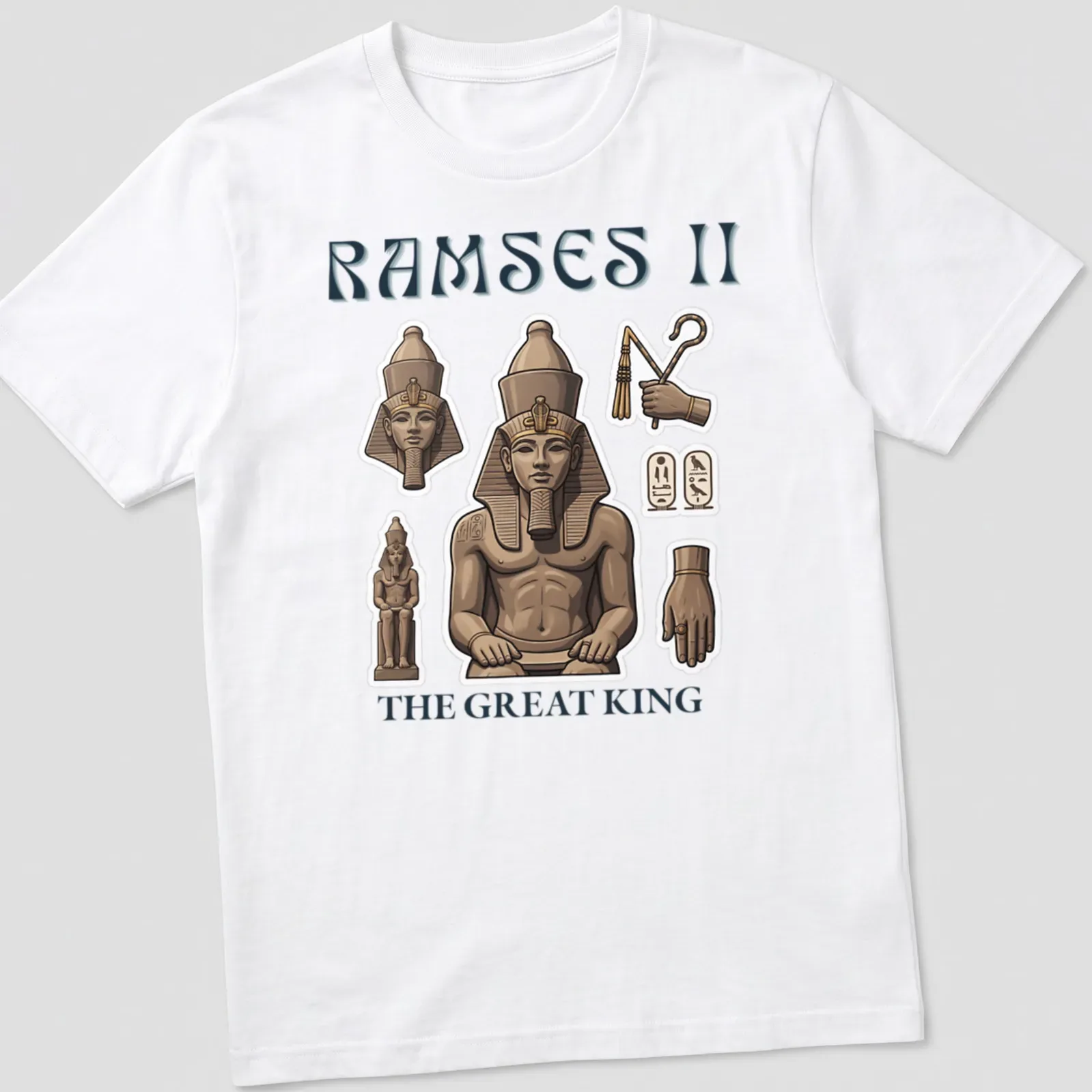 Illustrative Ramses II T-shirt with detailed colors and regal design — printed on a unisex t-shirt