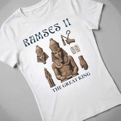 Illustrative Ramses II T-shirt with detailed colors and regal design — printed on a women's shirt