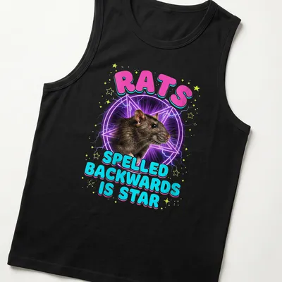 Retro tee featuring a playful rat and humorous text about wordplay — printed on a tank top
