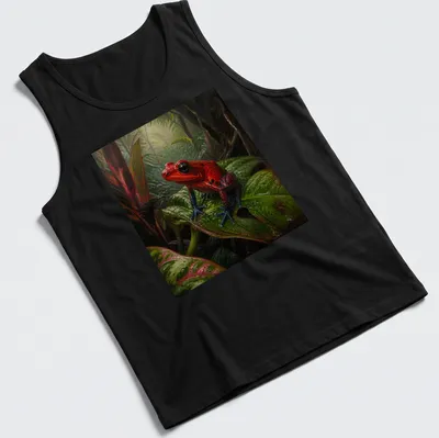 Realistic Red Dart Frog on green leaves t-shirt design — printed on a tank top