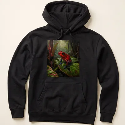 Realistic Red Dart Frog on green leaves t-shirt design — printed on a unisex hoodie