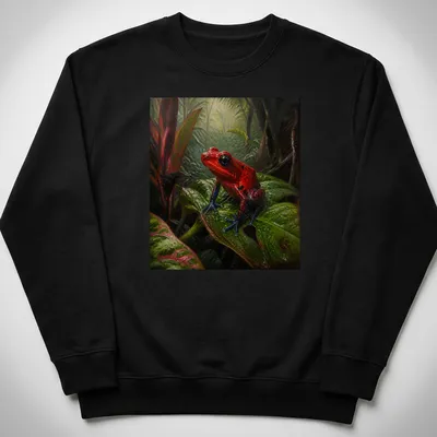 Realistic Red Dart Frog on green leaves t-shirt design — printed on a unisex sweatshirt