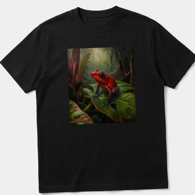 Realistic Red Dart Frog on green leaves t-shirt design — printed on a unisex t-shirt