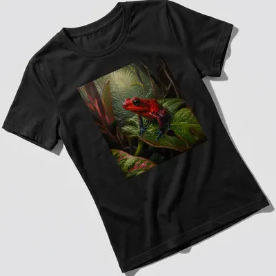 Realistic Red Dart Frog on green leaves t-shirt design — printed on a women's shirt