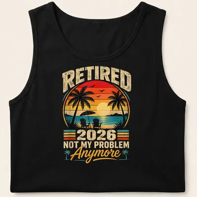 Retro sunset print of palm trees and chairs with text about retirement — printed on a tank top