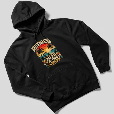 Retro sunset print of palm trees and chairs with text about retirement — printed on a unisex hoodie