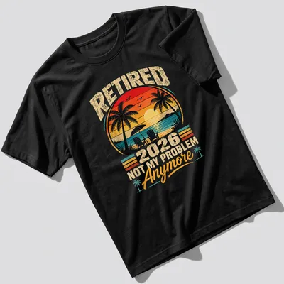 Retro sunset print of palm trees and chairs with text about retirement — printed on a unisex t-shirt