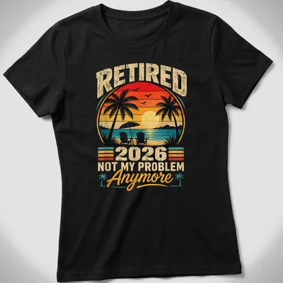 Retro sunset print of palm trees and chairs with text about retirement — printed on a women's shirt