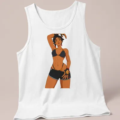 Athletic pin-up girl cartoon in black, skin tone, red, and gold cel shading — printed on a tank top