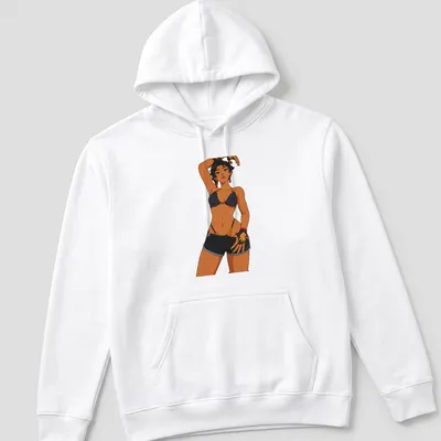 Athletic pin-up girl cartoon in black, skin tone, red, and gold cel shading — printed on a unisex hoodie