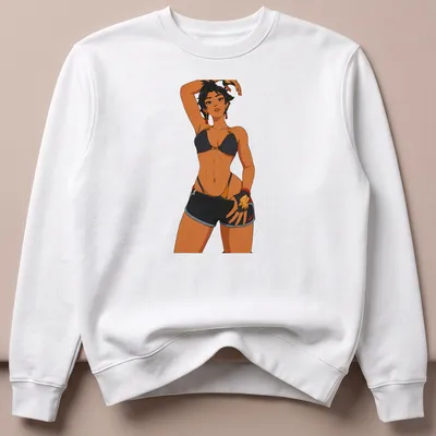 Athletic pin-up girl cartoon in black, skin tone, red, and gold cel shading — printed on a unisex sweatshirt