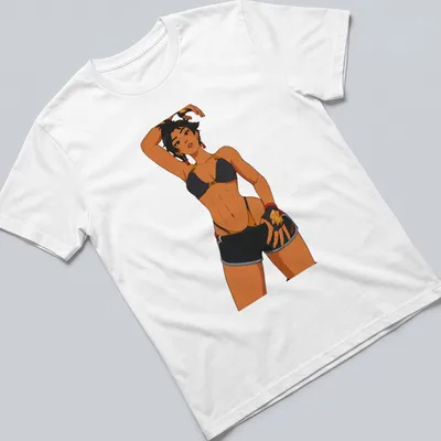 Athletic pin-up girl cartoon in black, skin tone, red, and gold cel shading