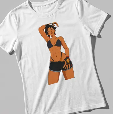 Athletic pin-up girl cartoon in black, skin tone, red, and gold cel shading — printed on a women's shirt