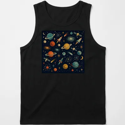 Retro design with planets and rockets in vibrant colors on a — printed on a tank top