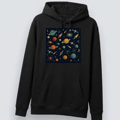 Retro design with planets and rockets in vibrant colors on a — printed on a unisex hoodie