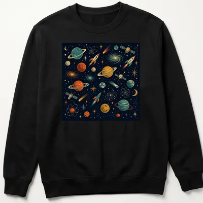 Retro design with planets and rockets in vibrant colors on a — printed on a unisex sweatshirt