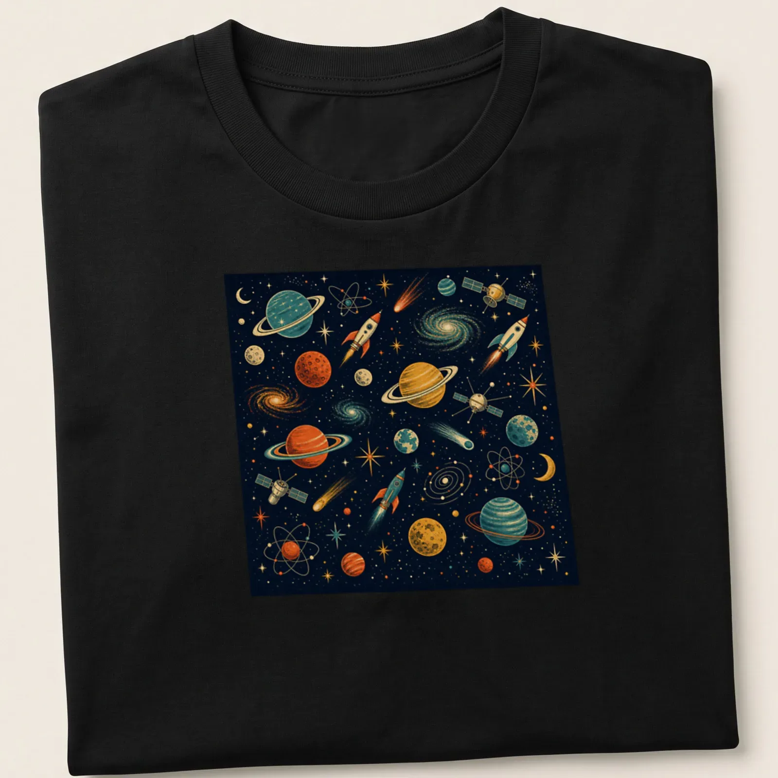 Retro design with planets and rockets in vibrant colors on a — printed on a unisex t-shirt