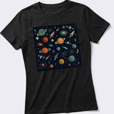 Retro design with planets and rockets in vibrant colors on a — printed on a women's shirt