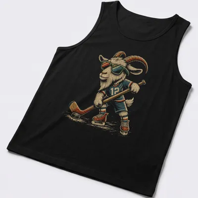 Illustration of a goat hockey player wearing sunglasses in retro colors — printed on a tank top